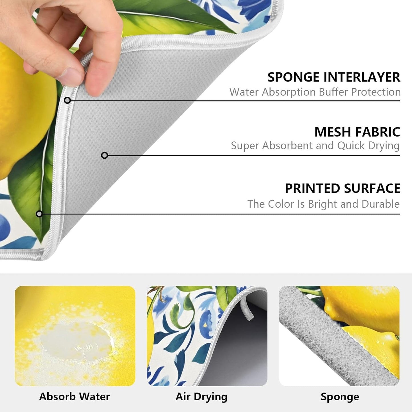 Lemon Italian Tile Blue E Dish Drying Mats for Kitchen Counter Absorbent Microfiber Dish Drying Matt 16 x 18 Inch Draining Reusable Rack Pad