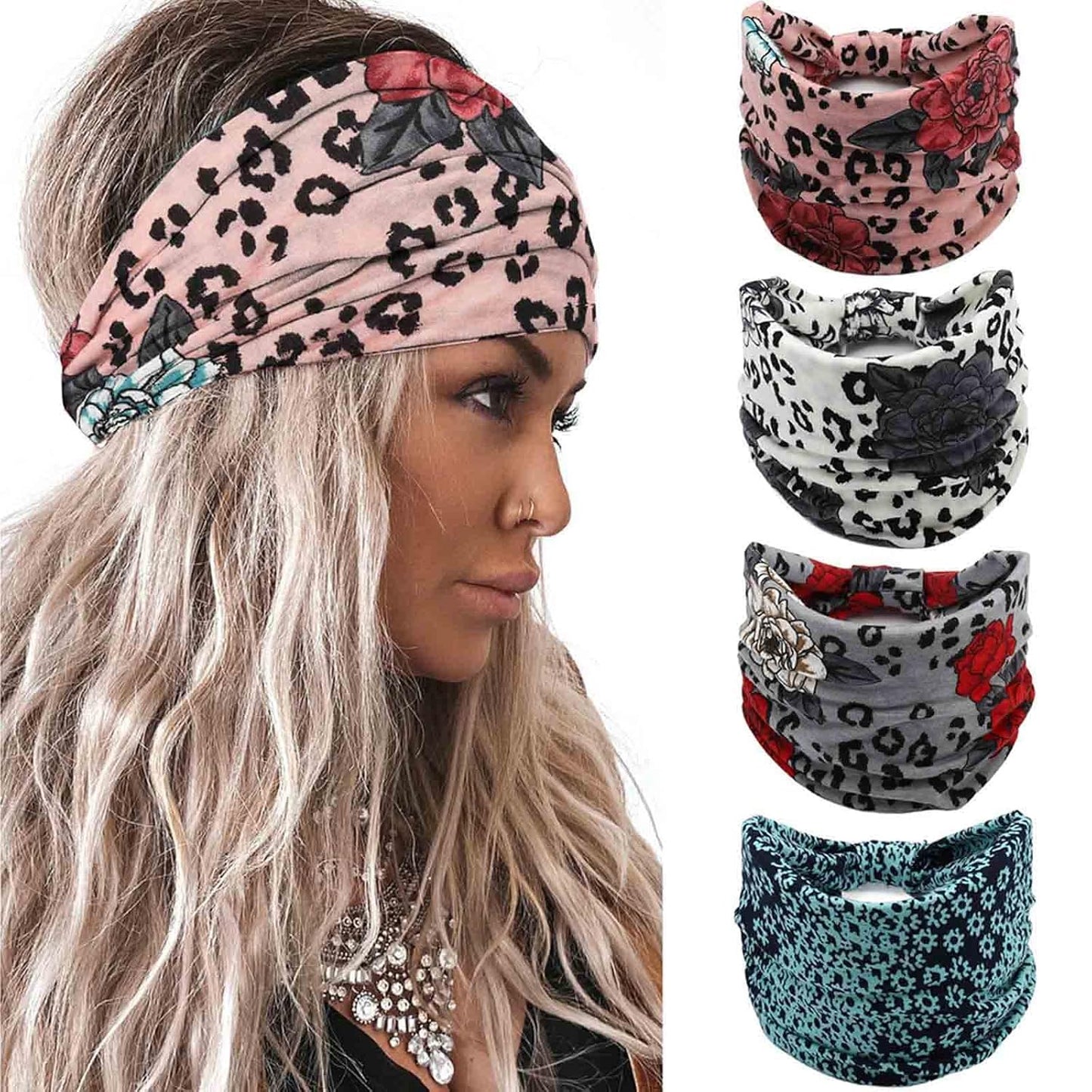 Acenail Wide Headbands Knotted Turban Headband Elastic Non Slip Hairbands Floral Workout Head Bands Yoga Cotton Hair Scarfs Boho Head Wraps Fashion Hair Accessories for Women 4Pcs(Gorgeous)