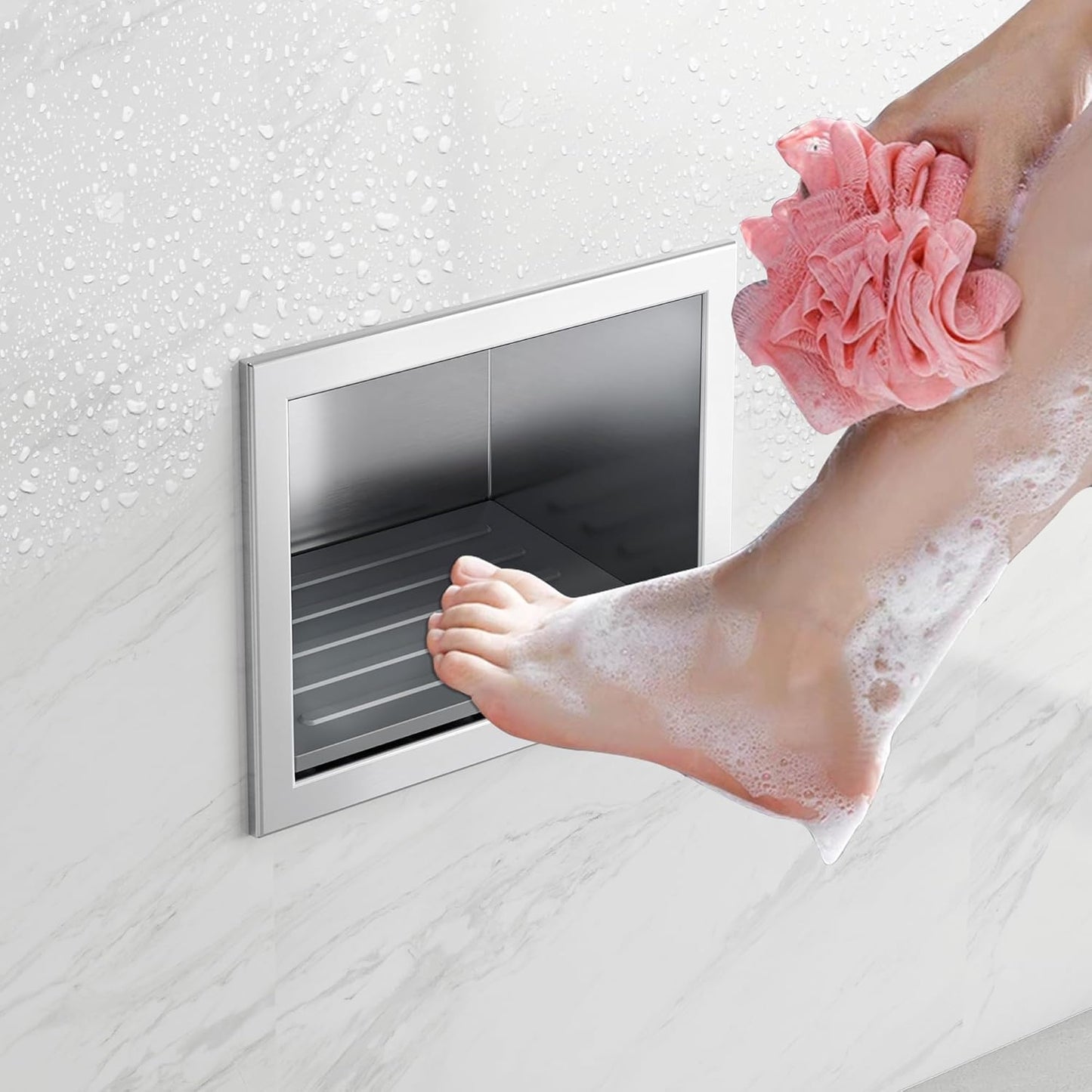 Shower Foot Rest for Shaving Legs, 304 Stainless Steel Footrest Niche with Shaving Holder, Recessed Shower Niche for Shaving Legs, Brushed Nickel