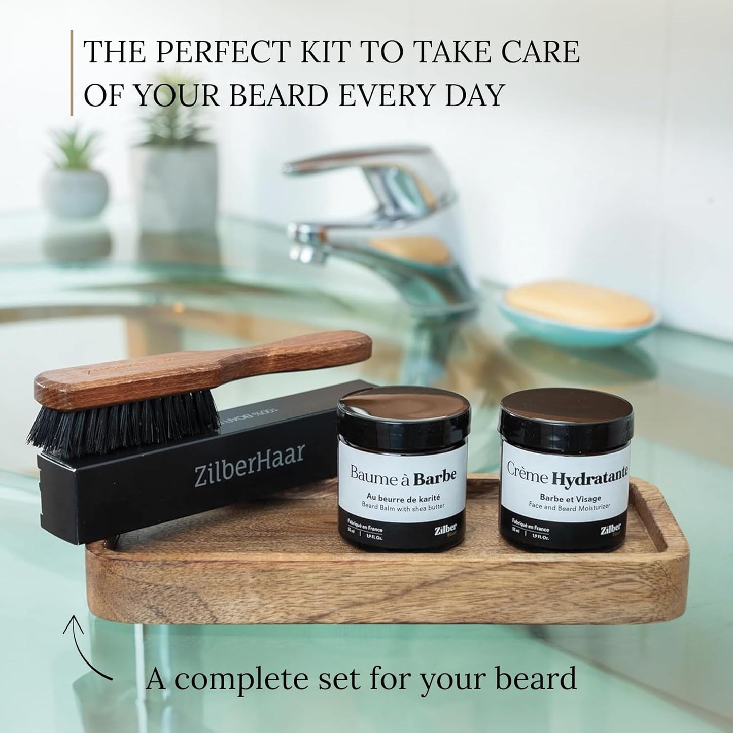 ZilberHaar - Beard Care Kit for Men - 1 Regular Beard Brush + 1 Beard Balm + 1 Moisturizing Cream - Stiff Boar Bristles and Beech Wood - Short to Medium Length Beards - Supplied in a Velvet Bag