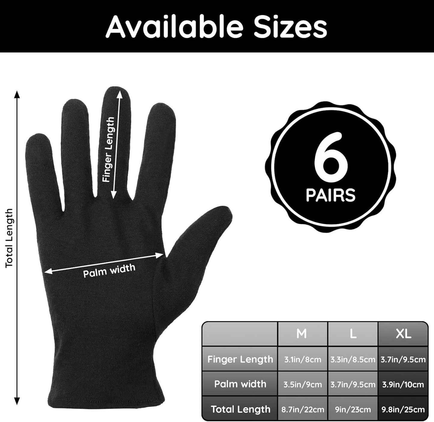 Segbeauty 12 Counts Black Cotton Gloves Overnight, 6 Pairs Lotion Moisturizing Hand Cotton Gloves for Men, at Home Spa Gel Moisture Glove for Working, Soft Sleep Lotion Glove Skin Care Extra Large