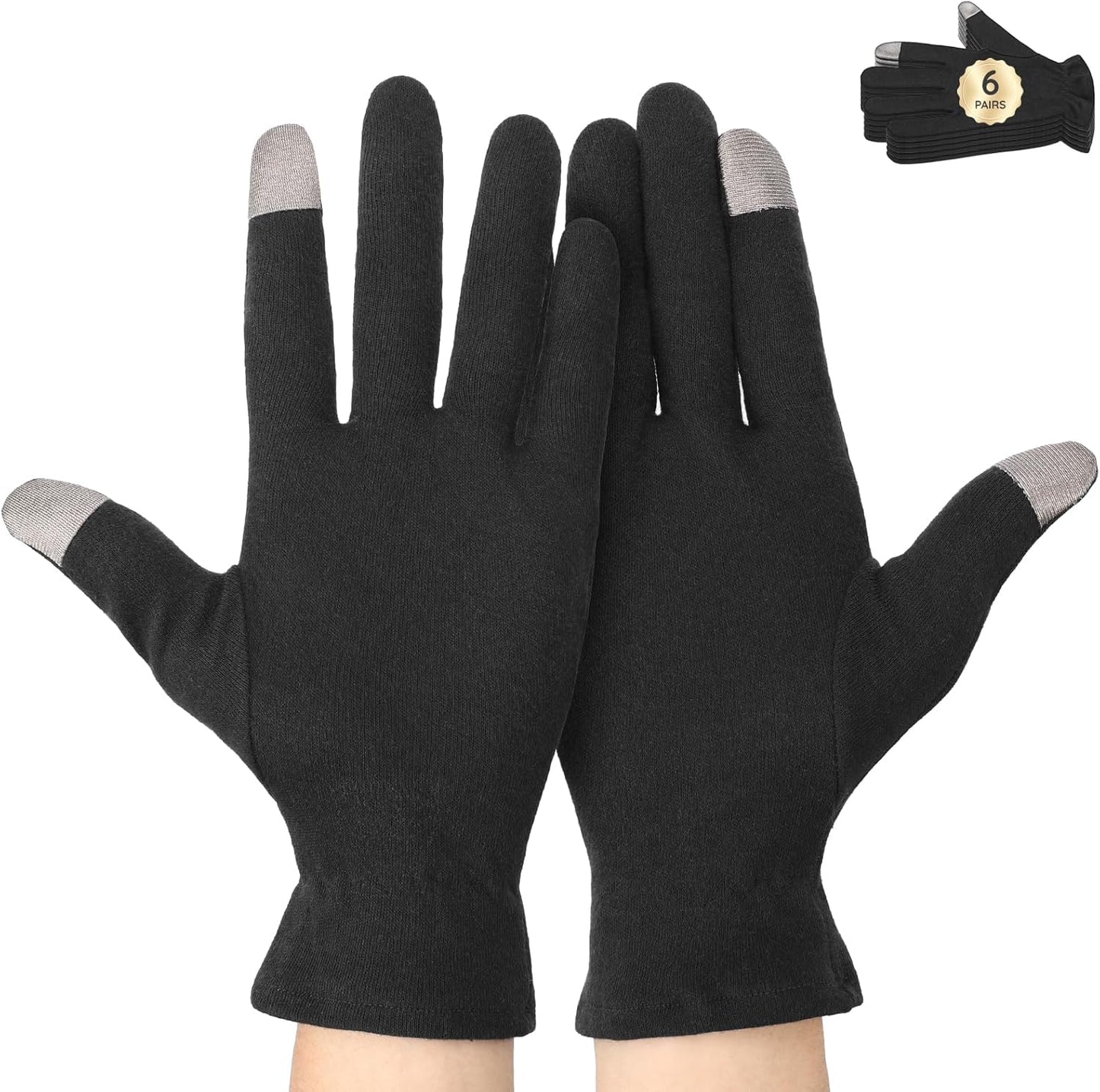 Segbeauty 12 Counts Elastic Touch Screen Hand Moisturizing Cotton Gloves for Dry Hands Sleeping Overnignt, 6 Pairs Black Cotton Gloves with Elastic Band, Reusable Lotion Gel Spa Moisture Sleep Glove
