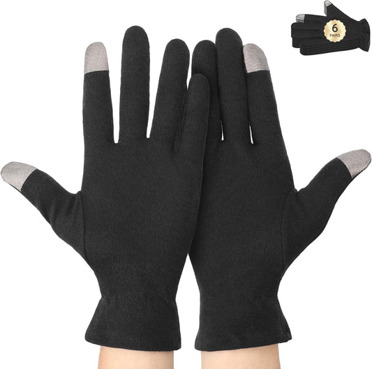 Segbeauty 12 Counts Elastic Touch Screen Hand Moisturizing Cotton Gloves for Dry Hands Sleeping Overnignt, 6 Pairs Black Cotton Gloves with Elastic Band, Reusable Lotion Gel Spa Moisture Sleep Glove