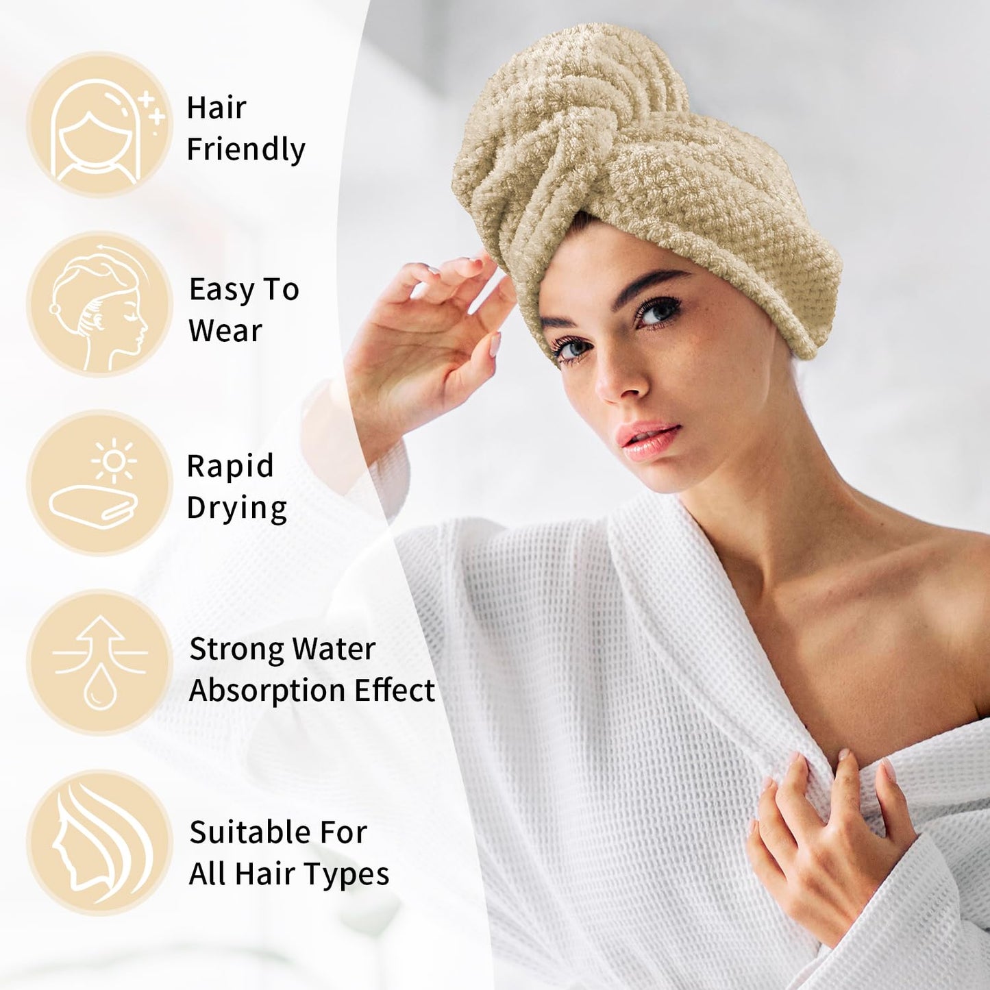 3 Pack Microfiber Hair Towel Wrap for Women 25.4" x 9.8", Super Absorbent Quick Dry Towels with Button for Curly Wet Hair Anti Frizz (Camel,Green,Gray)