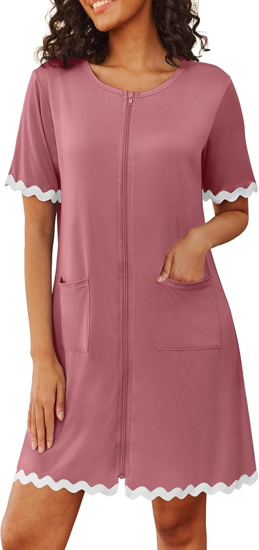 Ekouaer Women Zip Up Robe Lightweight Housecoats with Pockets Knee Length Short Bathrobes Soft Nightgown S-3XL