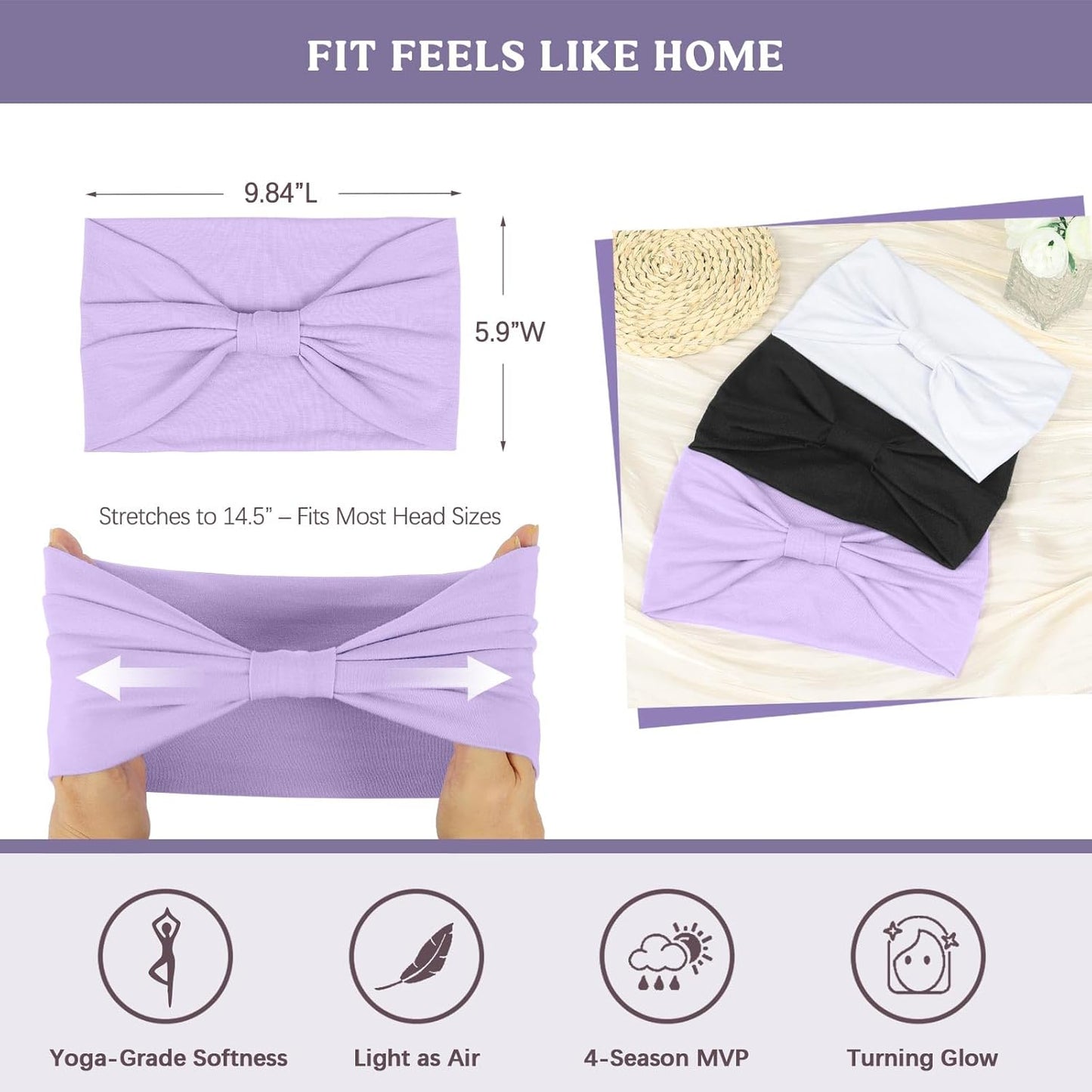 Wide Headbands for Women Knotted No Slip Head Bands Soft Turban Headband Hair Accessories Boho African Solid Color Head Wraps for Women Yoga Workout Pack of 6