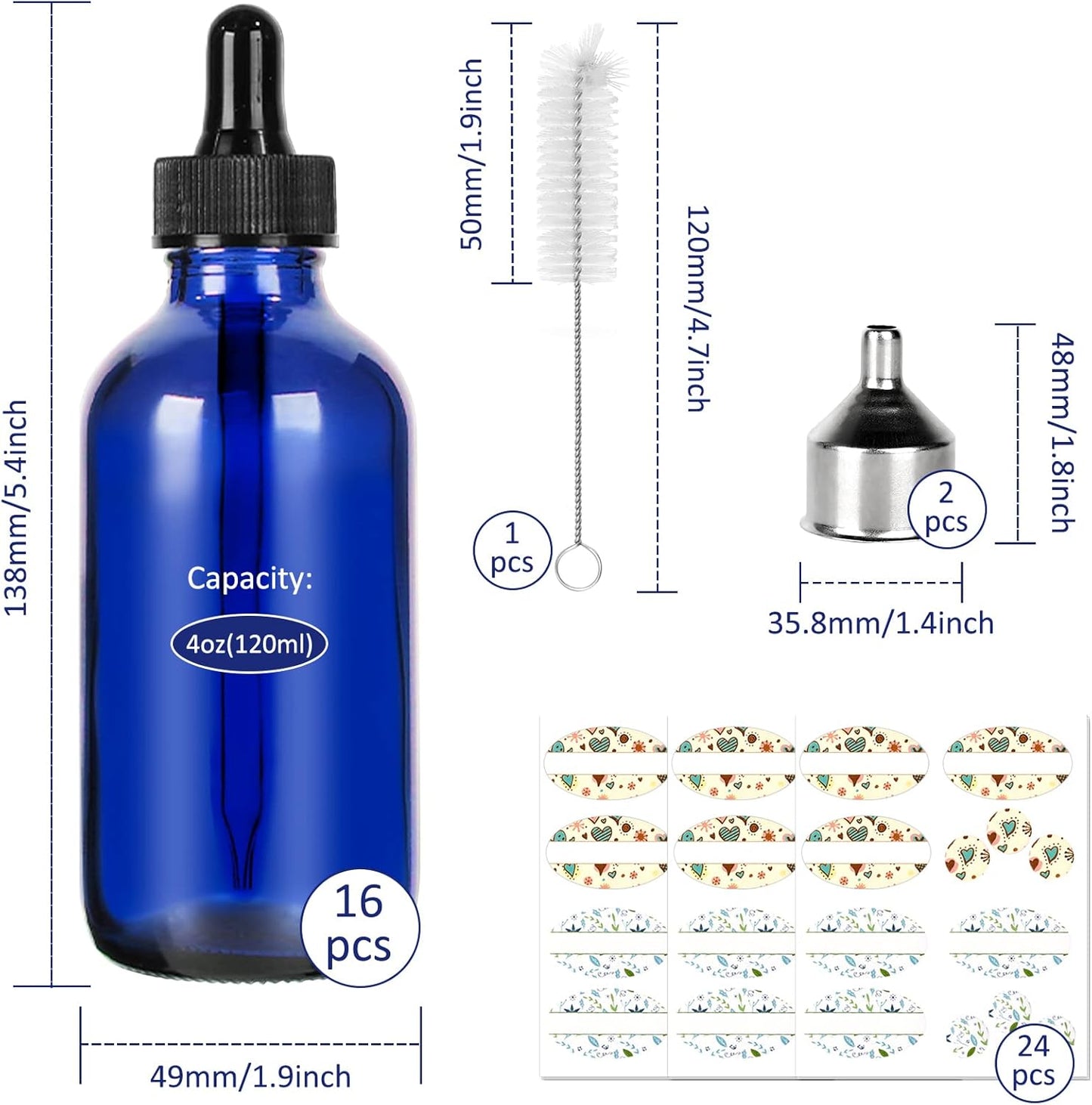 CycleMore 16 Pack (120 ml) 4 oz Blue Boston Bottles with Glass Eye Droppers, Glass Dropper Bottles for Essential Oils & Lab Chemicals & More Liquids Ideal for Mom & Friends