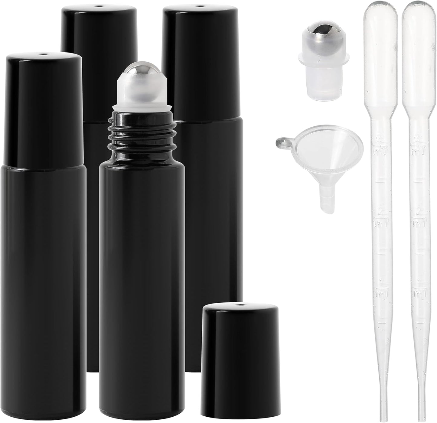 Essential Oil Roller Bottles, 10ml Thick Glass Perfume Roller Bottles with Funnel Opener and Dropper Colored Glass Empty Bottles with Stainless Steel Roller Balls (Black, 4 Pack)