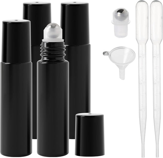 Essential Oil Roller Bottles, 10ml Thick Glass Perfume Roller Bottles with Funnel Opener and Dropper Colored Glass Empty Bottles with Stainless Steel Roller Balls (Black, 4 Pack)
