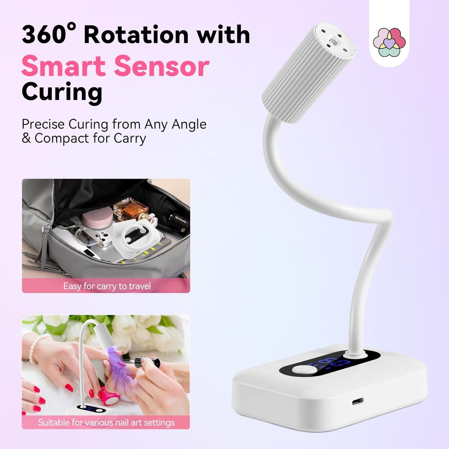 SAVILAND Essentials Smart Sensor U V Nail Lamp: Gooseneck 12W U V Light for Gel Nails 3S Flash Curing Gel U V Light 3 Timer 360° Adjustable Rechargeable 6H Battery Life LED Display Flash Cure Lamp