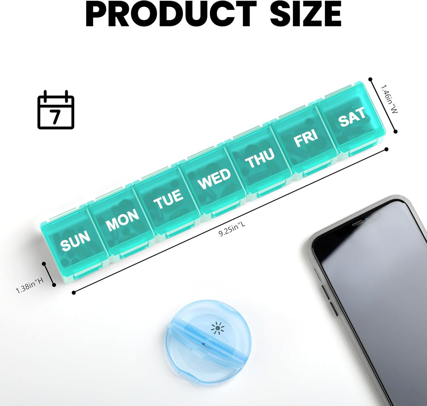 Sukuos Extra Large Weekly Pill Organizer, 7 Day Daily Pill Box Case Arthritis Friendly, Silkscreen Printed Medicine Container with Clear Lid for Vitamins, Fish Oils or Supplements (Cyan)