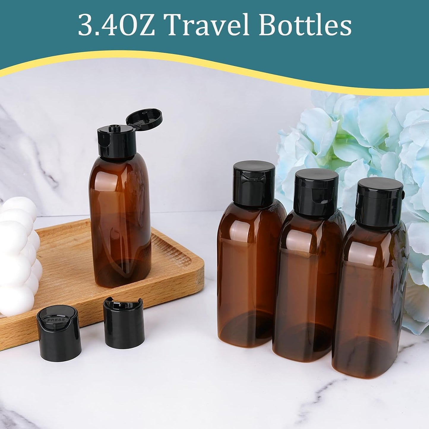 Cosywell Travel Shampoo Bottles 4pcs 3.4oz TSA Approved Travel Size Bottles for Toiletries Leak Proof Empty Lotion Containers with Flip Cap Small Plastic Squeeze Bottles, Amber