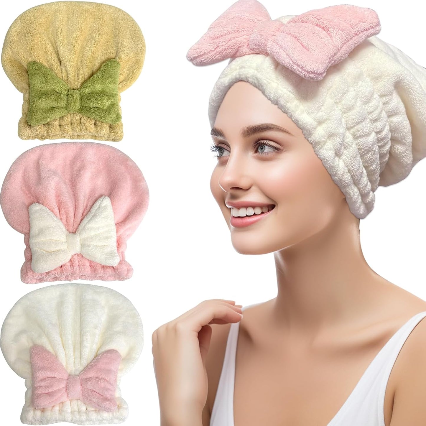 Jseng 3Packs Microfiber Hair Towel for Women - Quick-Drying, Super Absorbent Hair Wrap with Bow Design, Soft Hair Towel Turban for Curly Long Wet Hair