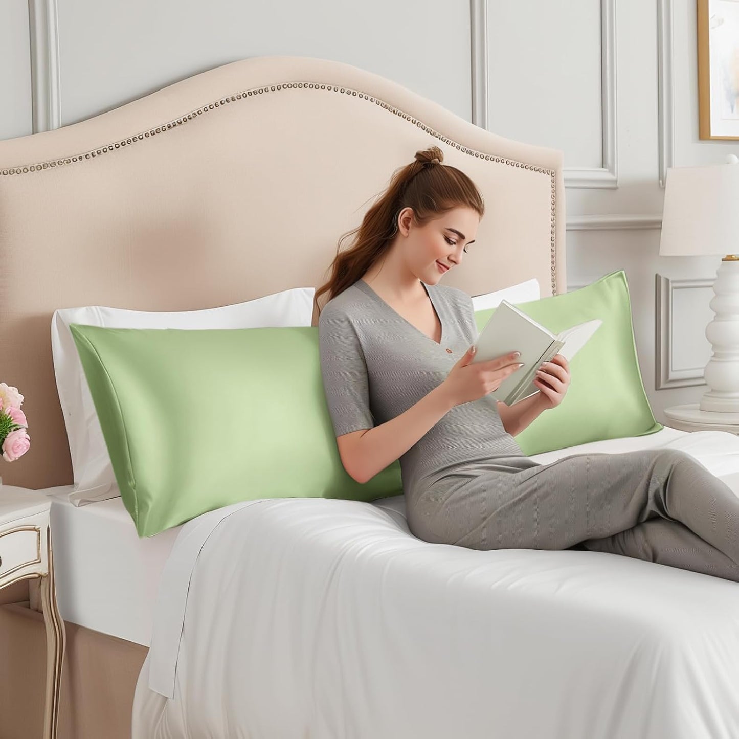 INFIIXSO Body Pillow Cover with Zipper, Luxury Mulberry Silk Body Pillow Case 20x54 Inches, Ultra Smooth and Soft Cooling Long Pillowcase, Gift for Women, Men(Sage Green)