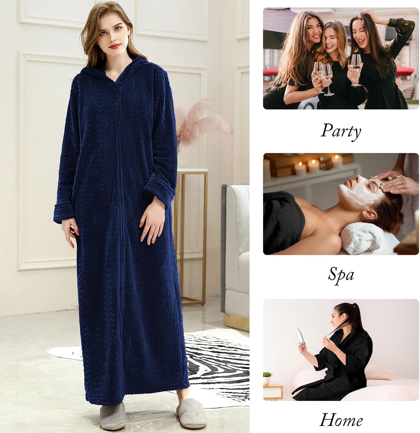 Hellomamma Long Hooded Zipper Bathrobe for Womens Flannel Fleece Robes Winter Warm Housecoat Nightgown Sleepwear Pajamas