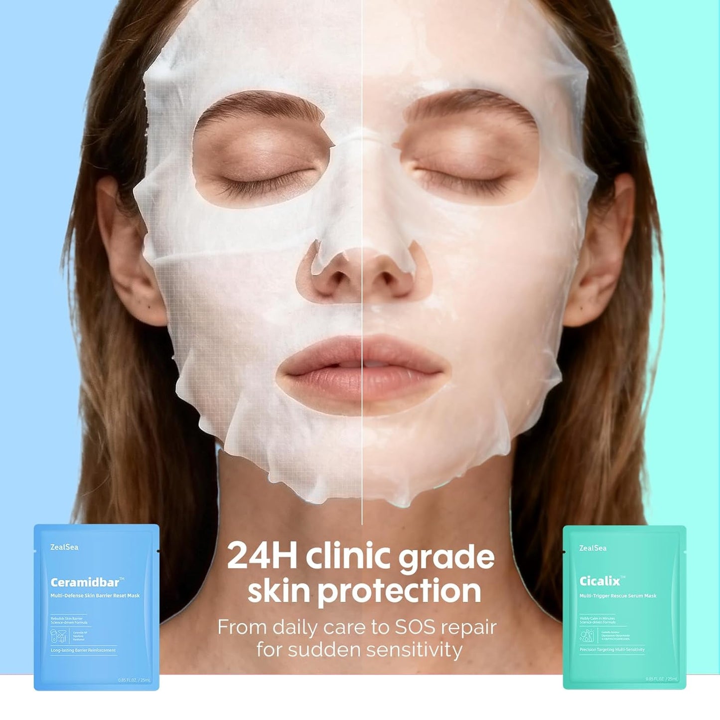 ZealSea Cicalix & Ceramidbar Face Masks Skincare, All-in-one Proven Derm Solution Facial Mask for Visibly Soft | Plump | Quenching | Anti-aging, Soothing & Refreshing, Strengthen & Restore, 4+4 Duo