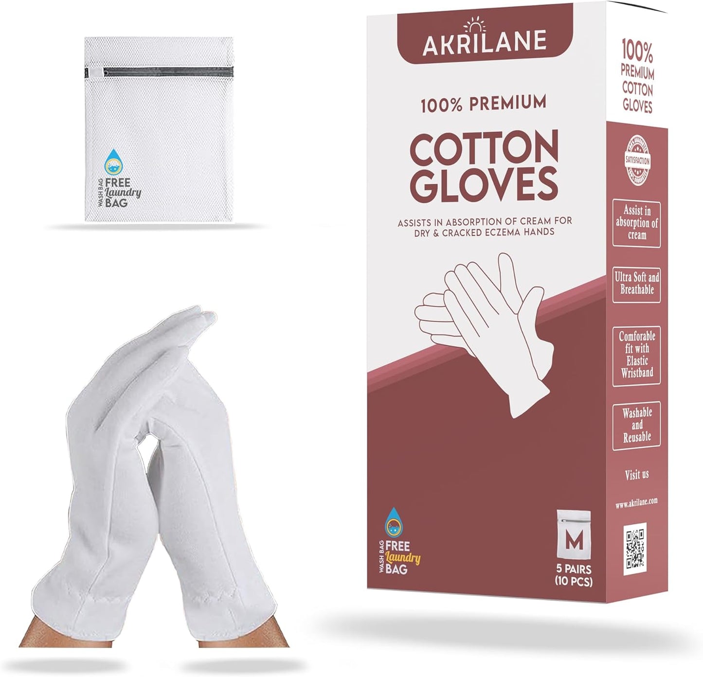 M Medium 5 Pairs 100% Premium Cotton Gloves for Dry Hands | Moisturizing Overnight Gloves for Eczema, Psoriasis & Skin Spa Treatment for Women & Men | Washable & Reusable with Free Laundry Bag
