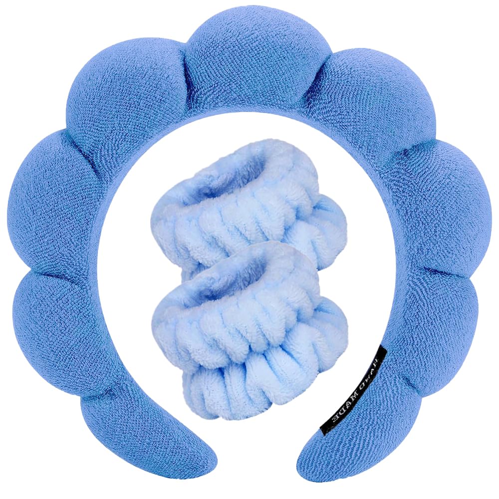 Spa Headbands for Washing Face Wristband Set Sponge Makeup Skincare Headband Wrist Towels Bubble Soft Terry Towel Cloth Hairband for Women Puffy Headwear Non Slip Thick Thin Hair Headwear (Dark blue)