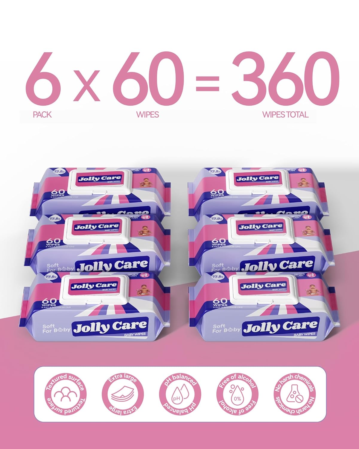 Sensitive Baby Wipes Unscented, 99% Water-based Wipes, Fragrance-free, Alcohol-free, Hypoallergenic, Soft, Large and Thick for Hands, Face, Toys, 6 Flip-Top Packs (360 Wipes Total)