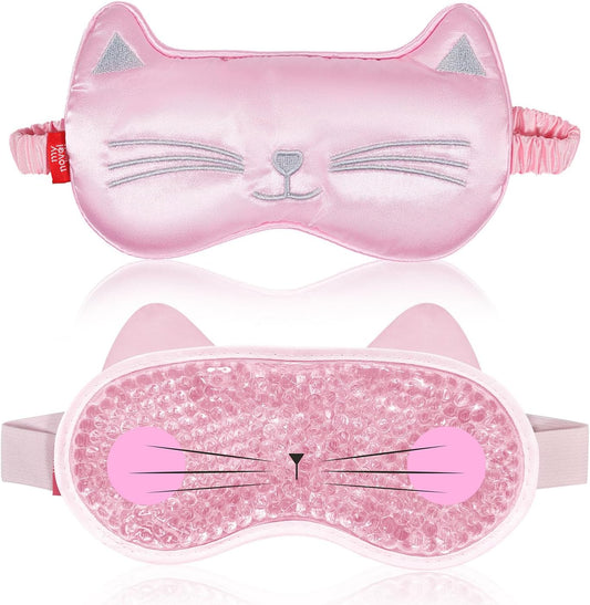 Cooling Eye Mask and Sleep Mask for Girl Woman 2 Pcs, Cute Animal Cat Cartoon Pink Sleeping Mask Soft Cold Warm Compress Gifting for Dry Eyes Puff Eye Migraine Spa, Office, Morning Refreshment