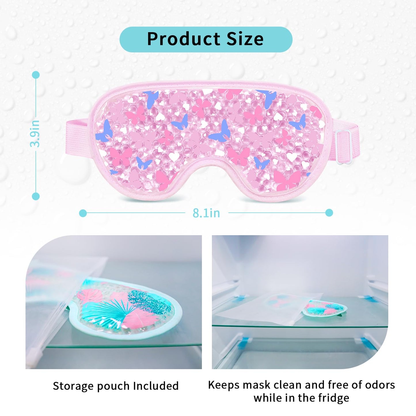 2PCS Cooling Eye Mask Gel Eye Mask, Reusable Hot Cold Therapy cold eye mask for Post Surgery, Puffiness, Dark Circles, Eye Bags, Dry Eyes, Migraines with Soft Plush Backing (Butterfly+Leaves)