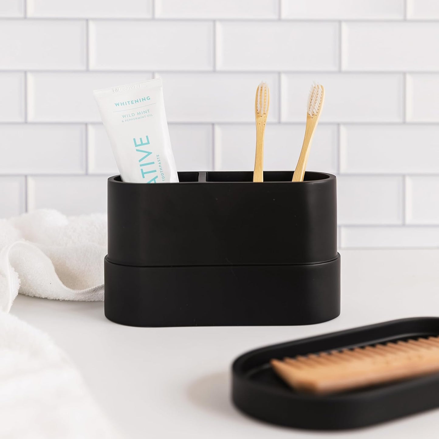 Matte Black Large Toothbrush and Toothpaste Holder and Cup for Bathroom Vanity and Countertop, 2 Compartment Organizer for Electric Toothbrushes, Floss, Razors, Cotton, and Mouthwash - YEW DESIGN