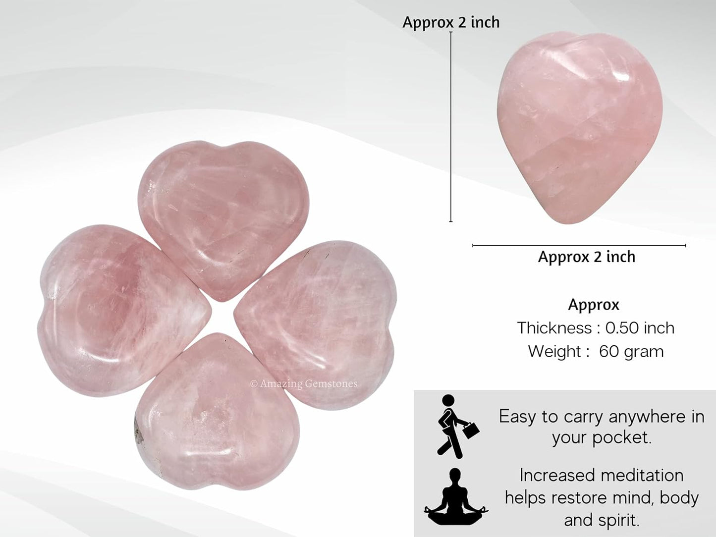 Rose Quartz Crystal Heart Palm Stone - Pocket Massage Worry Stone for Natural Body Chakra Balancing, Reiki Healing and Crystal Grid