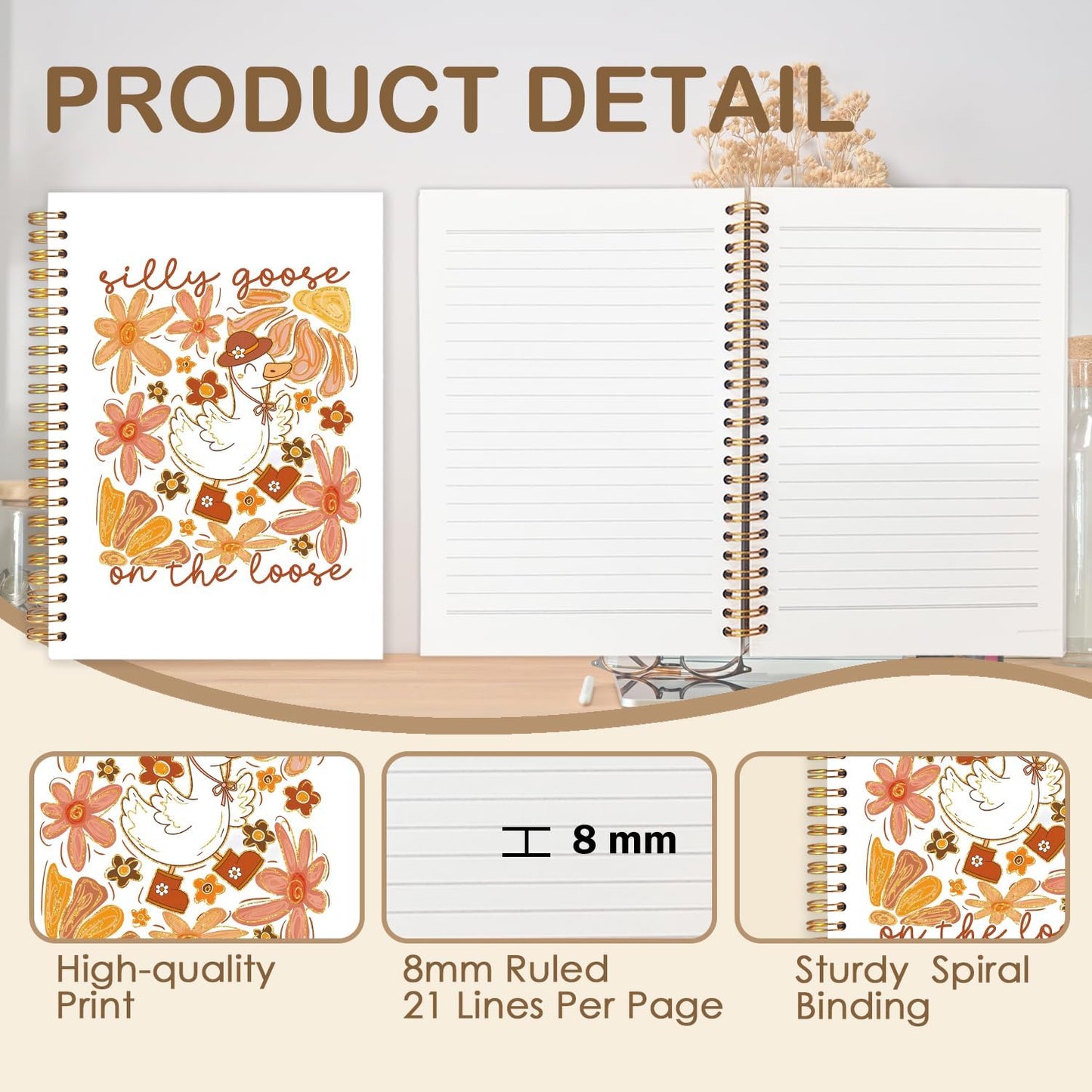 Boho Floral Goose Spiral Journal Notebook 5.5x8.3in, Goose Lover Gifts Journal for Woman, Fall Floral Farm Animal Notebooks for Note Taking, Autumn Hardcover Notebook