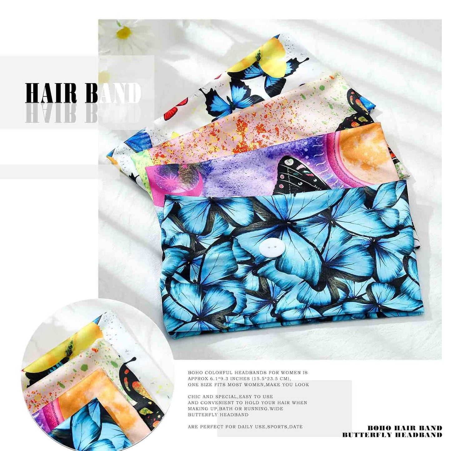 Olbye Wide Boho Headbands Headwrap Butterfly Stretch Button Hair Bands Bandana Yoga Running Athletic Turban Head Bands Head Scarfs Hair Accessories for Women 4Pcs (Button)