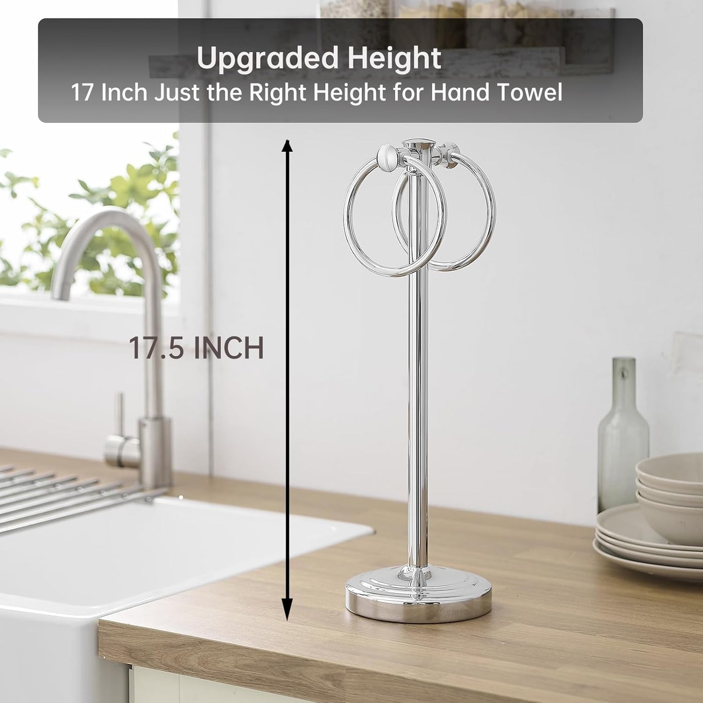 Hoimpro 17" Polished Chrome Standing Towel Rack Bracket, Double Towel Ring Free Hand Towel Stand Holder Bathroom Hardware Accessories Set Towel Bar for Bathroom Vanities and Kitchen Countertops