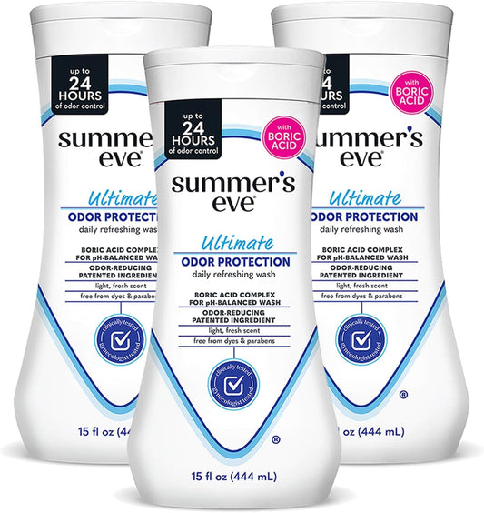 Summer's Eve, Ultimate Odor Control, Feminine Body Wash with Boric Acid, Removes Odor, Feminine Wash with pH Balance, 15 Fl Oz (Pack of 3)