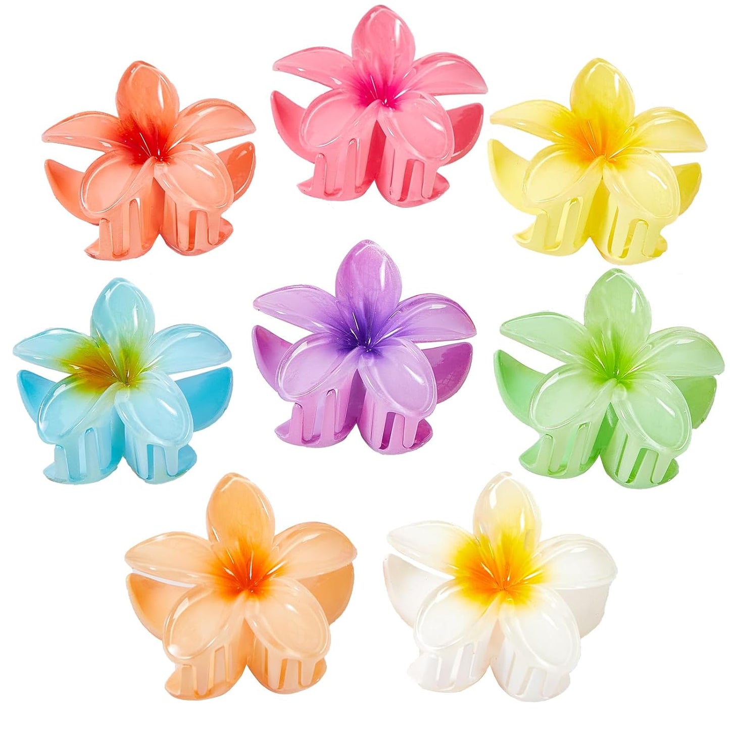 Flower Hair Claw Clips for Women, 8 Pack Hawaiian Flower Hair Clips, Plumeria Claw Clips for Thick Thin Hair, Large Strong Hold Nonslip Hawai Hair Accessories for Women Girls Gifts(Hawaiian-8 Colors)