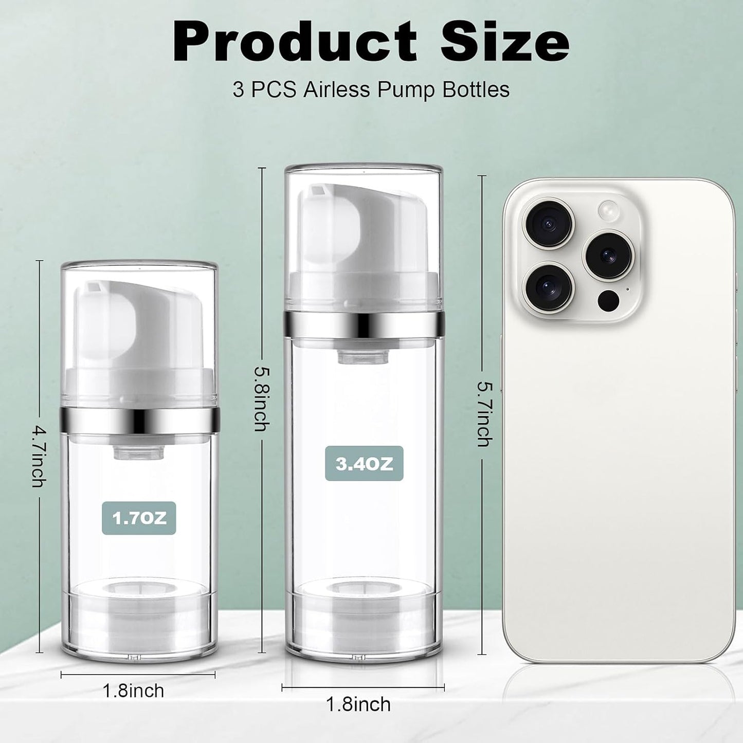 Airless Pump Bottles 3.4oz/100ml 3 Pack Lotion Dispenser Travel Pump Bottles for Toiletries Airless Cosmetic Pump Container Airless Pump Jar for Toiletries Shampoo Cream with Labels(Clear)