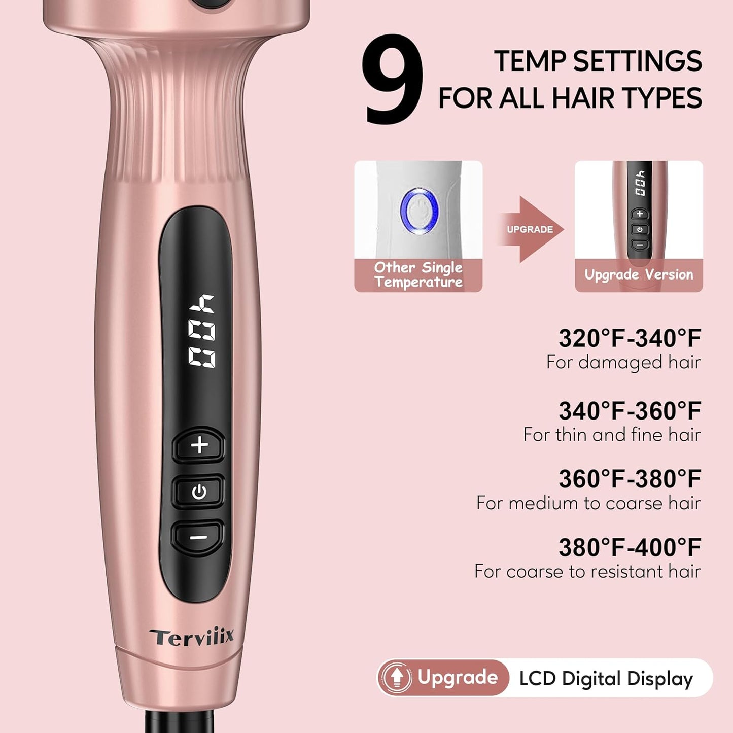 Terviiix 1.77 Inch Thermal Brush, Double MCH Ceramic Hot Brush Tourmaline Ionic 2 in 1 Heated Hair Curling Wand, Digital Display 9 Temperatures Curling Iron Dual Voltage for Long Hair