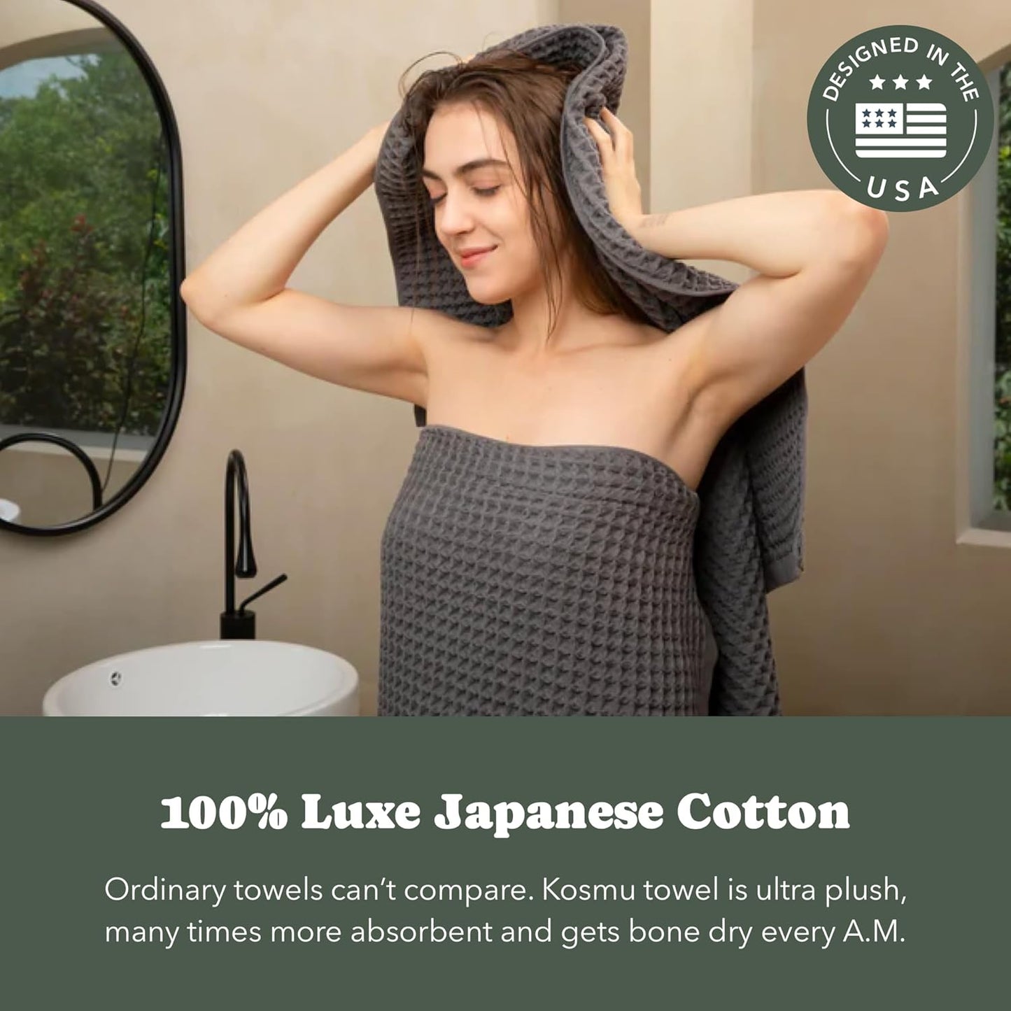 Luxury Japanese Cotton Waffle Bath Towel | Plush, Absorbent, and Quick Dry | Free Storage Bag Included (Smoke Grey, Bath Towel Set (3-Piece))