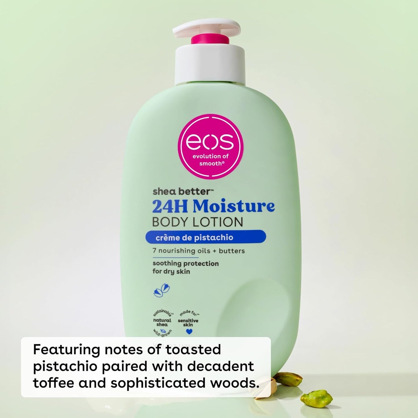 eos Shea Better Body Lotion- Crème de Pistachio, 24-Hour Moisture Skin Care, Lightweight & Non-Greasy, Made with Natural Shea, Vegan, 16 fl oz