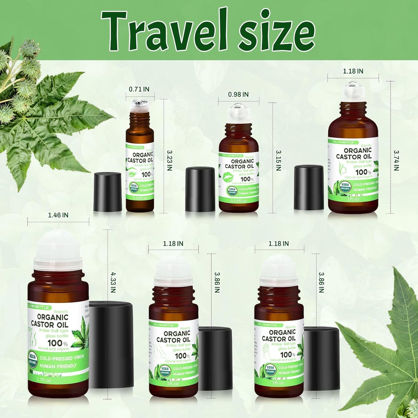 6-in-1 Castor Oil Roll on for Eye,Face,Hand,Feet,Body Skin,Certified Organic Cold Pressed Castor Oil Roller ball unrefined Glass Bottle - Total 5.58 fl.oz