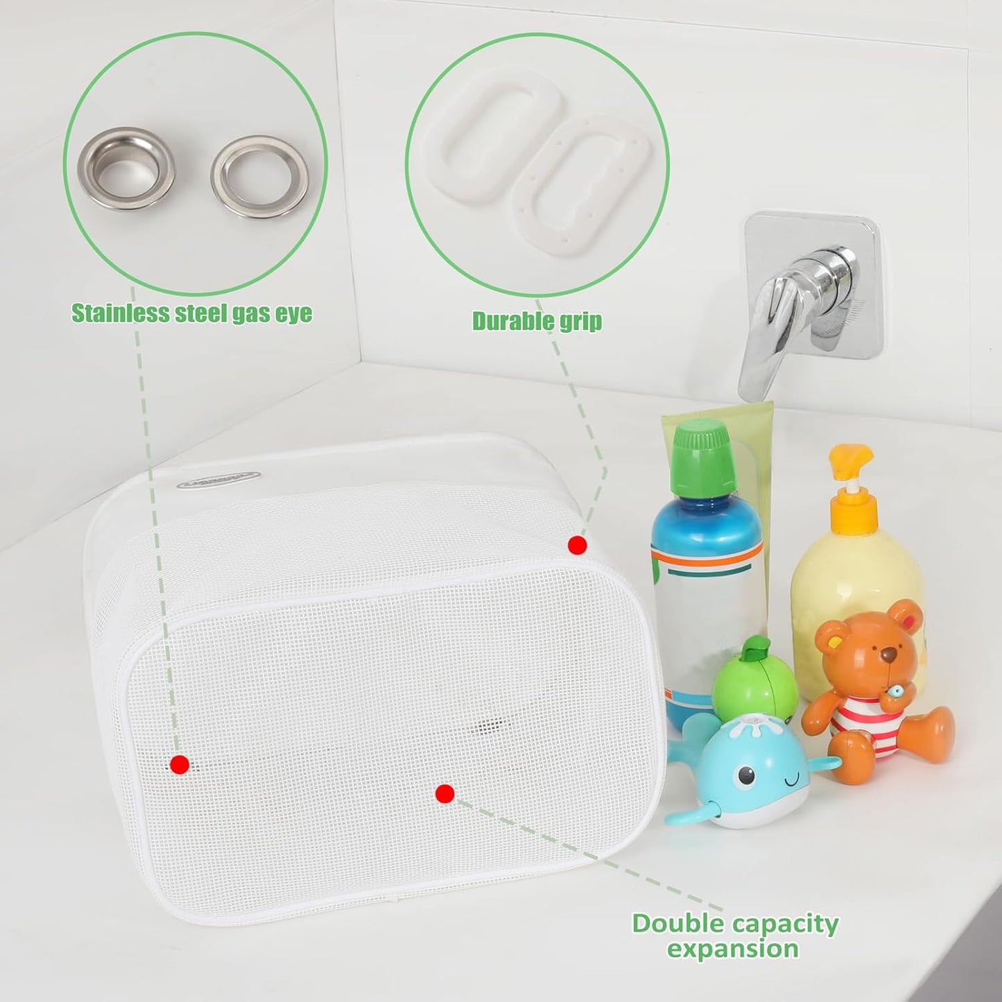 Quick Scoop Baby Mesh Bath Toy Storage, 2x Capacity & Large Opening Bath Toy Organizer Baby Bath Gift Bathtub Toy Holder, Toy Storage For Toddlers (White)