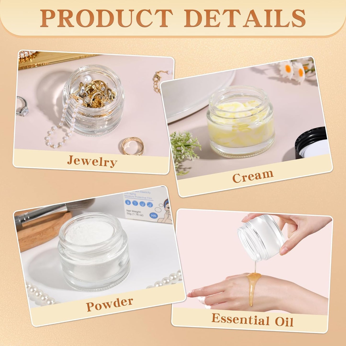 Glass Jars with Lids,Eco-Friendly Cosmetic Containers with Airtight Black Lids & Liners, Multi-Color Options for Cream, Lotion, Body Butter, DIY Skincare Travel Jars (Clear, 2oz)