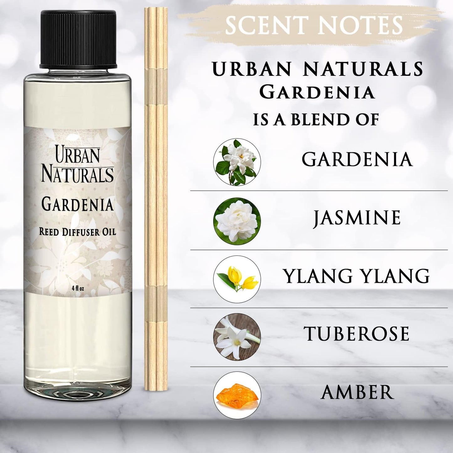Urban Naturals Gardenia Scented Oil Reed Diffuser Refill | Includes a Free Set of Reed Sticks! Jasmine, Ylang Ylang, Tuberose & Amber Notes | 4 oz