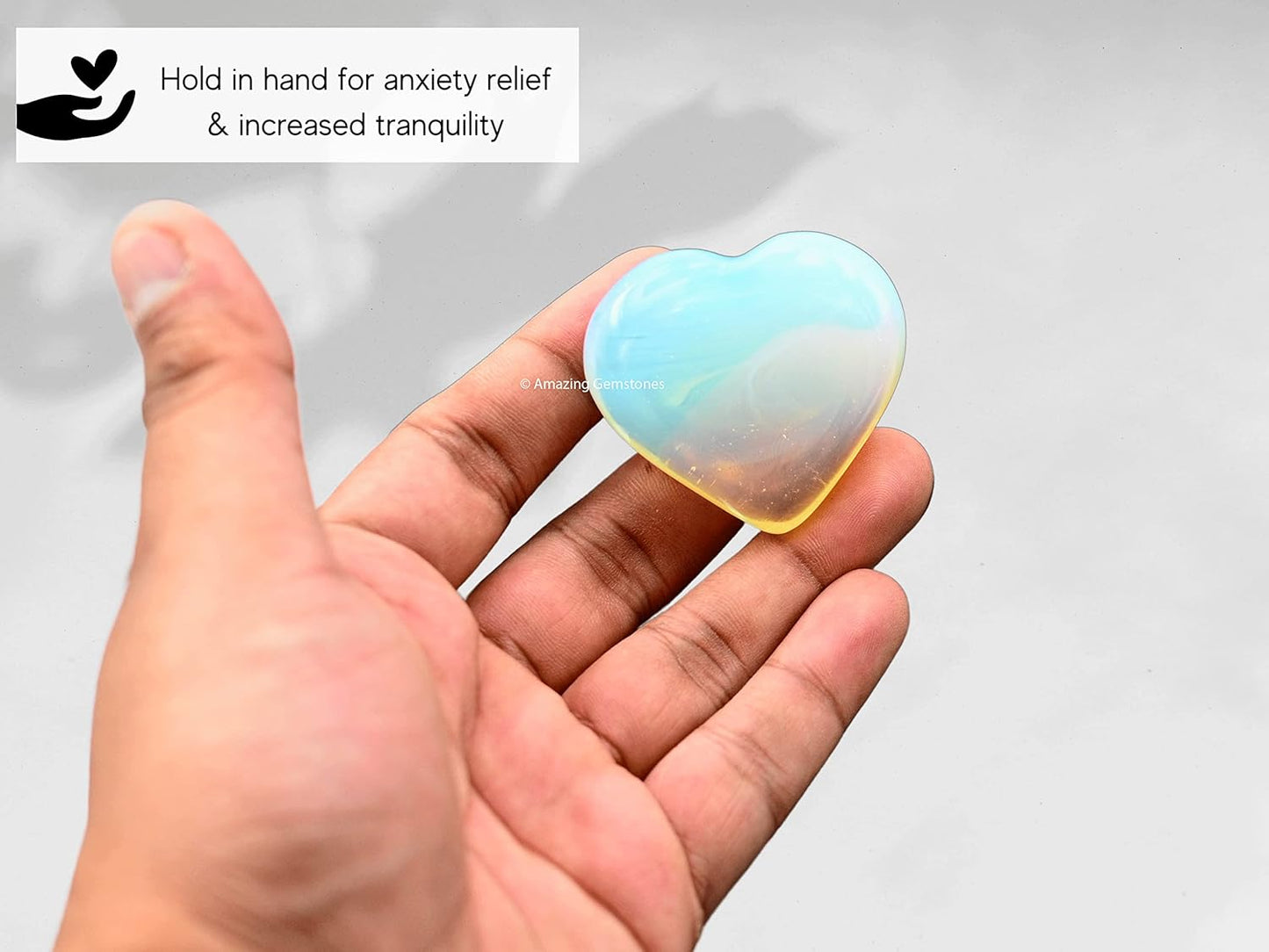 Opalite Crystal Heart Palm Stone - Pocket Massage Worry Stone for Natural Body Chakra Balancing, Reiki Healing and Crystal Grid