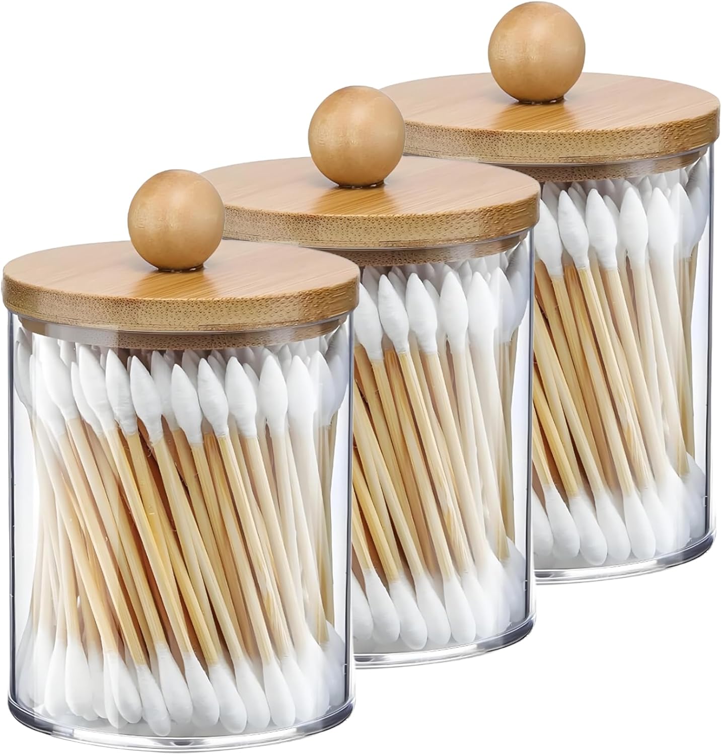 AXX Qtip Dispenser Apothecary Jars Bathroom - Qtip Holder Storage Canister Clear Plastic Jar for Cotton Swab,Q-Tips,Cotton Rounds (Bamboo 3Pcs)