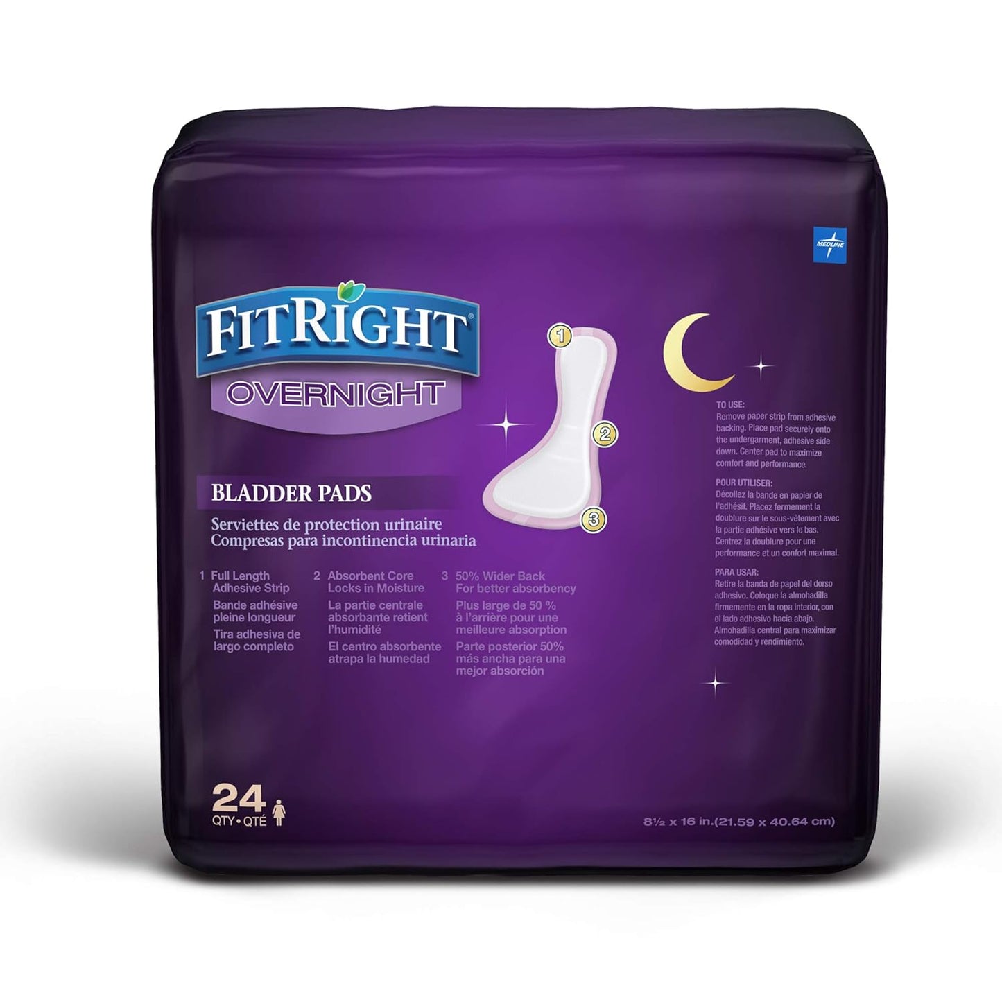 Medline FitRight Overnight Bladder Control Pads, Maximum Absorbency, Nighttime Incontinence Protection, 8.5 x 16, 24 Count per Bag (1 Bag)