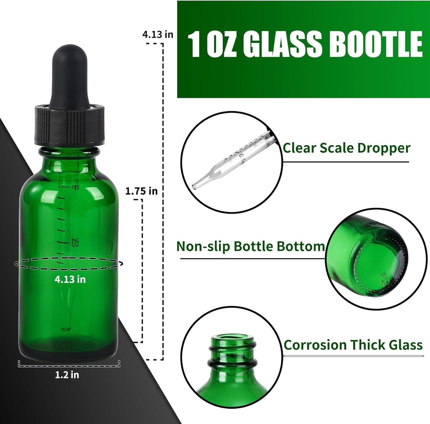 48 Pcs, 1oz Glass Dropper Bottle, Leakproof Tincture Bottles with Dropper, Green Reusable Eye Dropper Bottle for All Kinds of Liquids (Green, 1oz-48pcs)