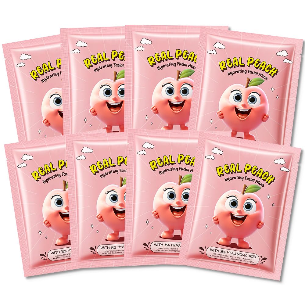 8 Pack Peach Kids Face Mask,Pink Face Masks Skincare Spa Day Kit Supplies,Spa Party Favors for Teens Girls Women,Sheet Facial Mask Skincare Gifts Set,Moisturize Soothe for All Skin Types
