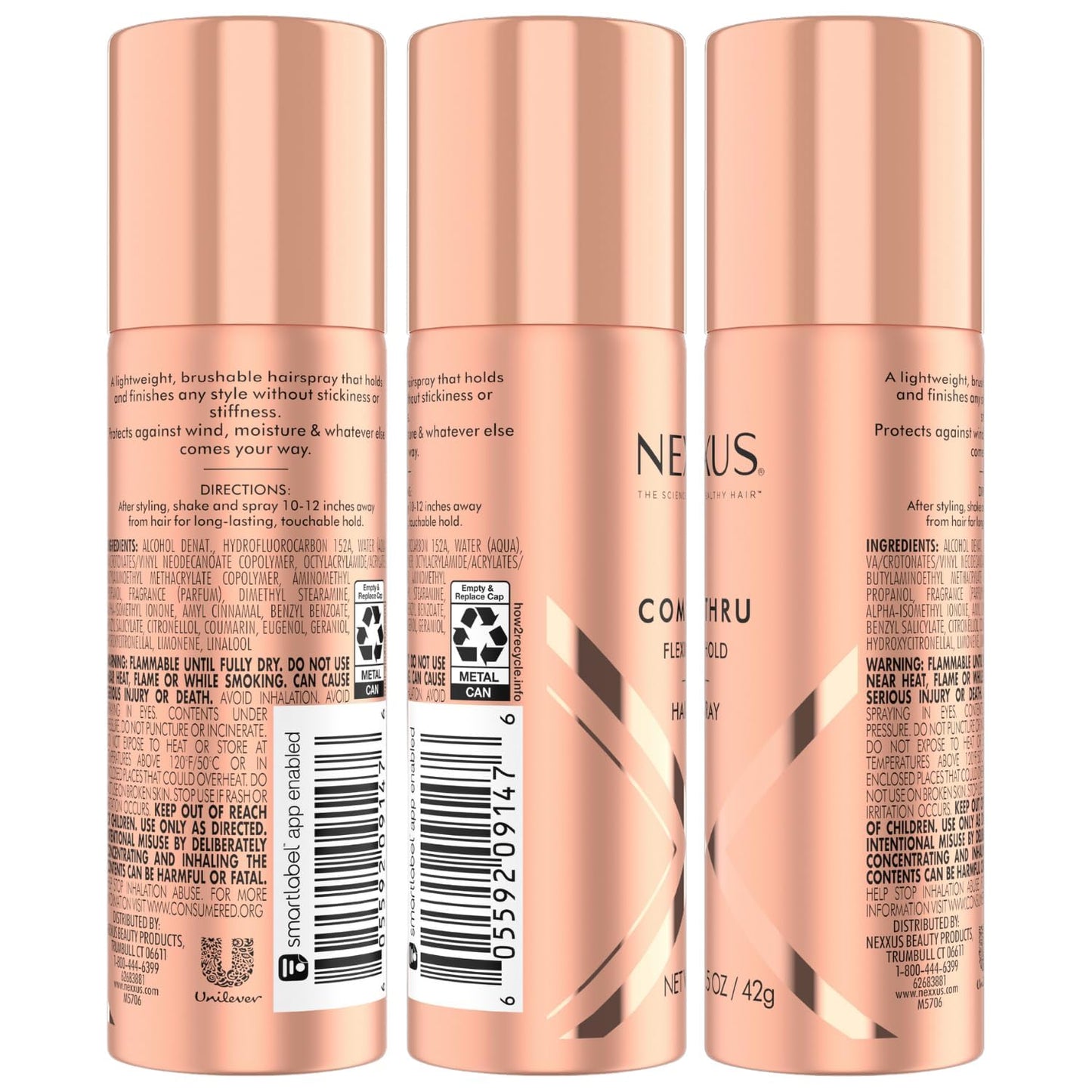 Nexxus Travel Hairspray, Comb Thru Flexible Hold 4-Pack – 72-Hour Anti-Humidity Shield, 48-Hour Frizz Control, Rose Fragrance, 1.5 Oz Ea