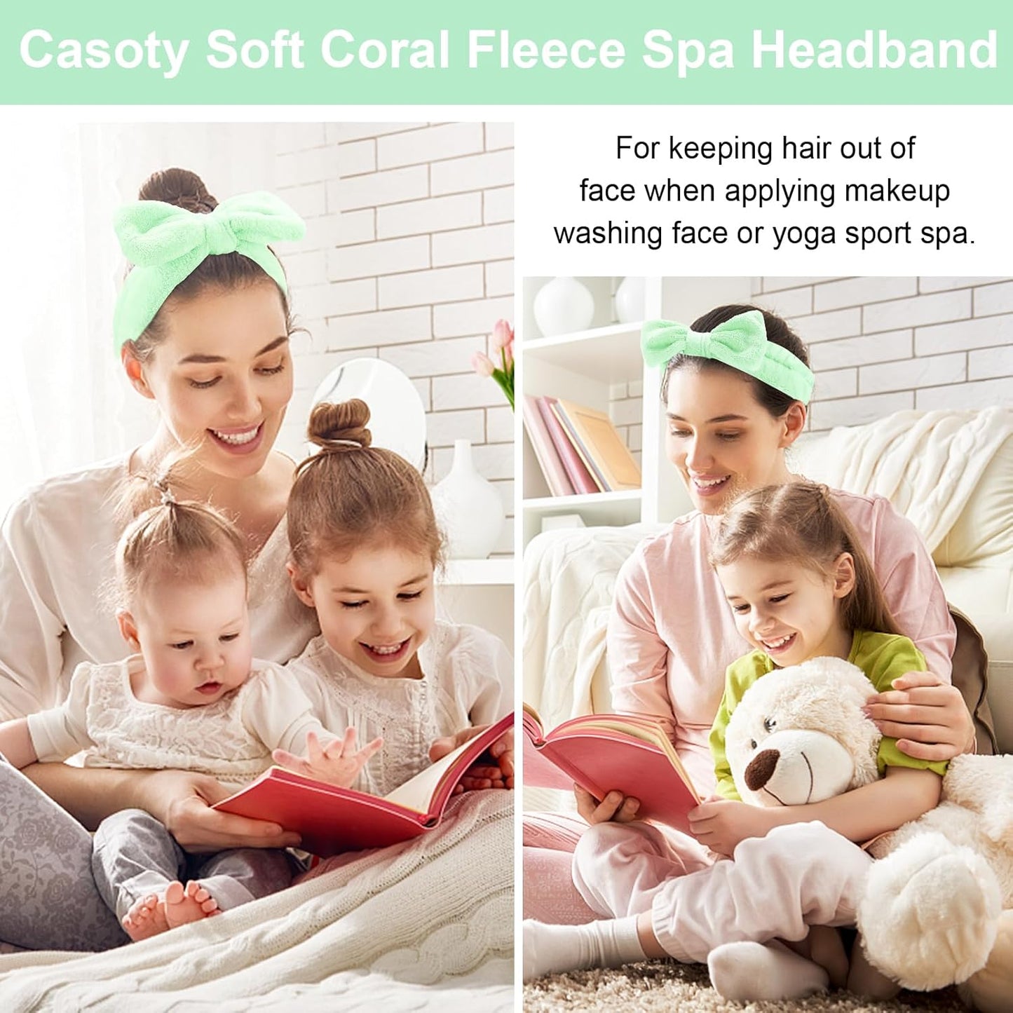 Casoty 6 Pcs Green Spa Headbands, Skin Care Headband, Soft Coral Fleece headbands for makeup, Bow Hair Band for Face Washing Shower Skin Care Yoga