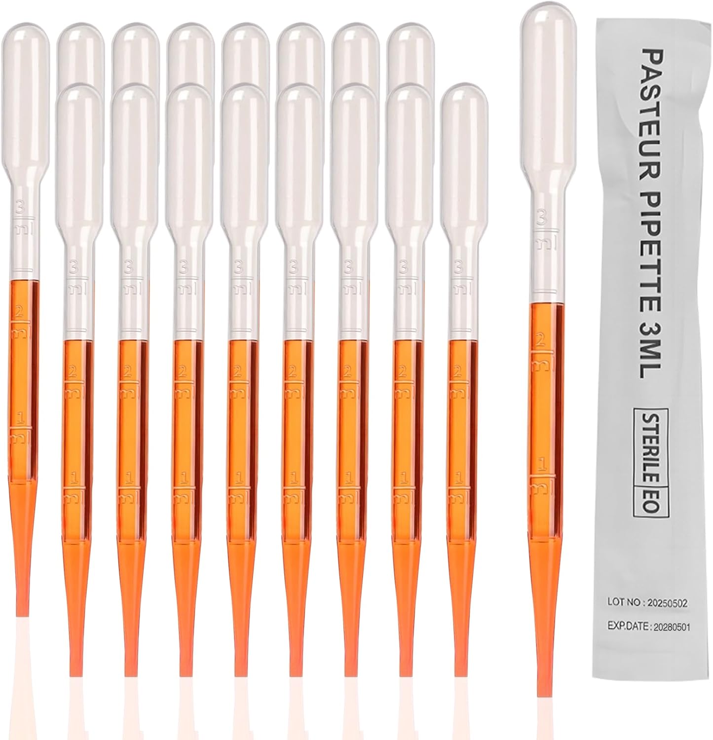 PEKYBIO Sterile Pasteur Pipettes 3ml Disposable Plastic Transfer Pipette Dropper 100Pcs Graduated Calibrated Lab Pipettes, Low Density Polyethylene (LDPE), Individual Peel-Pack, Vol. 7ml, 155mm Long