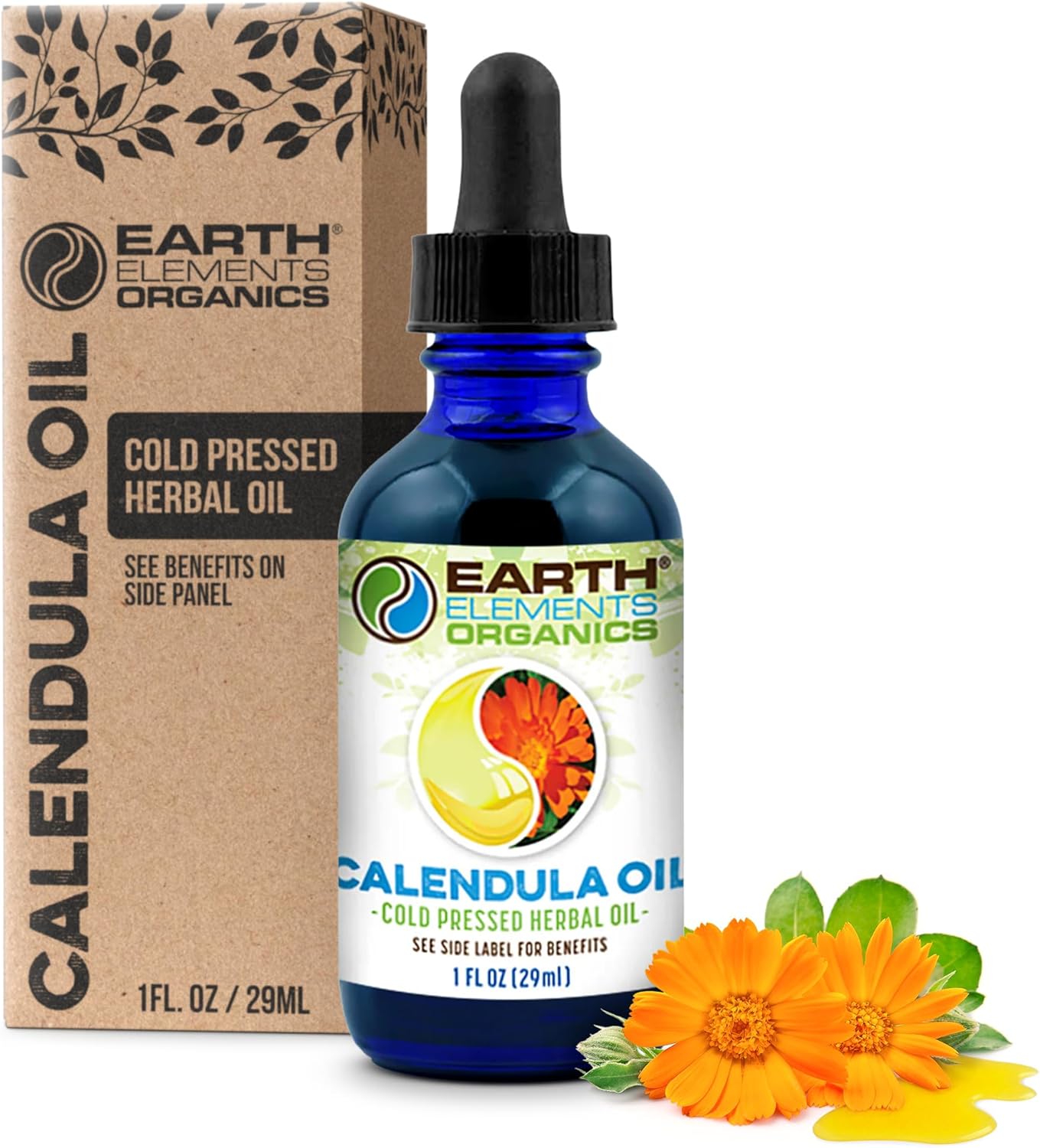 Calendula Oil with Sunflower Oil, Herbal Remedy for Cuts, Scrapes, Rashes, Chapped or Damaged Skin, Ideal for Irritated Areas, Organic Skincare for All Skin Types - 1 fl oz