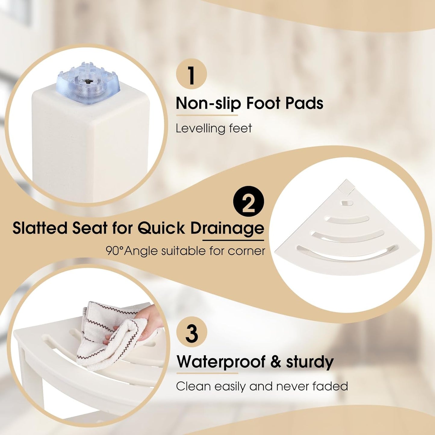 HDPE Corner Shower Stool,Shower Bench Seat with Storage Shelf for Shaving Legs Plastic Spa Bath Step Foot Rest for Bathroom Small Place (White)